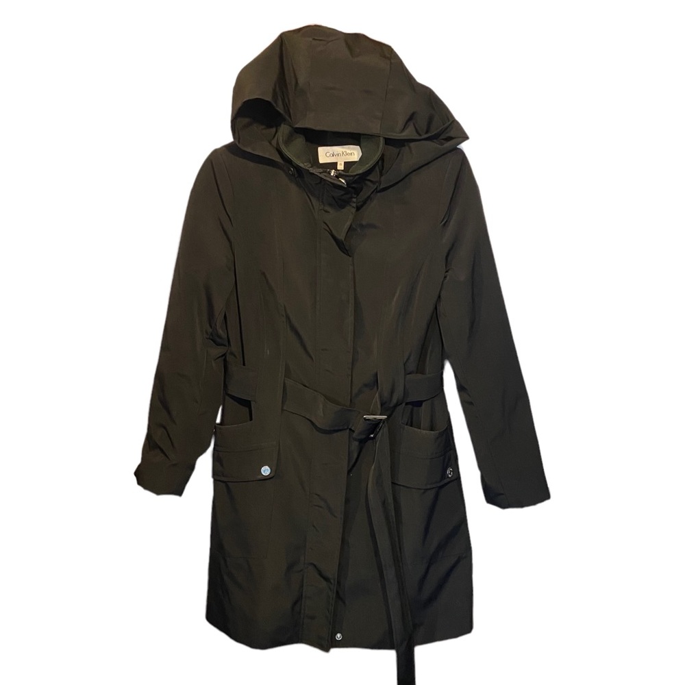 Calvin Klein Women's Sz XS Jacket Belted Trench Coat Black Full Zip Snap Button